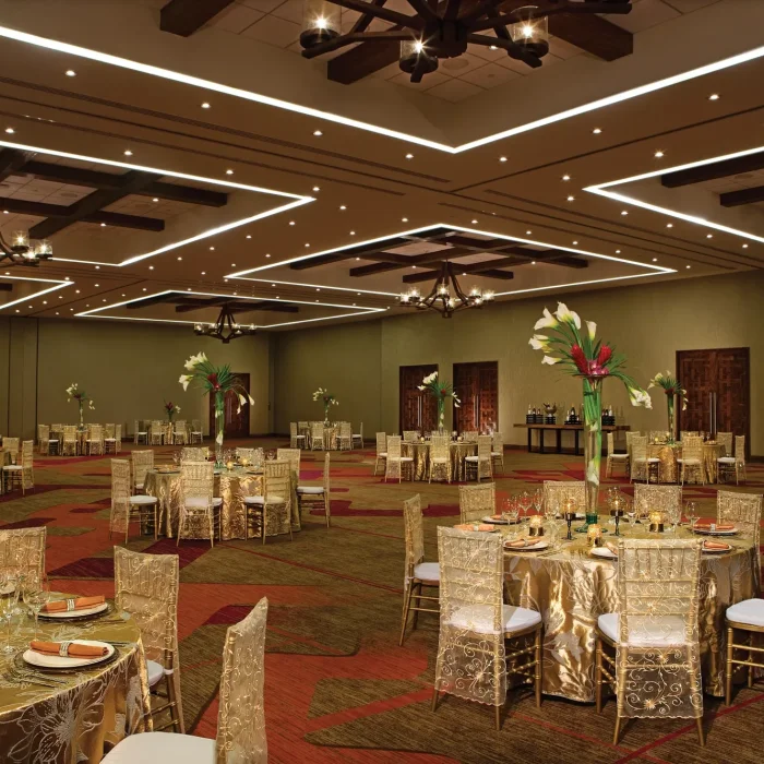 Dinner reception decor on the ballroom wedding venue at Secrets Akumal Riviera Maya