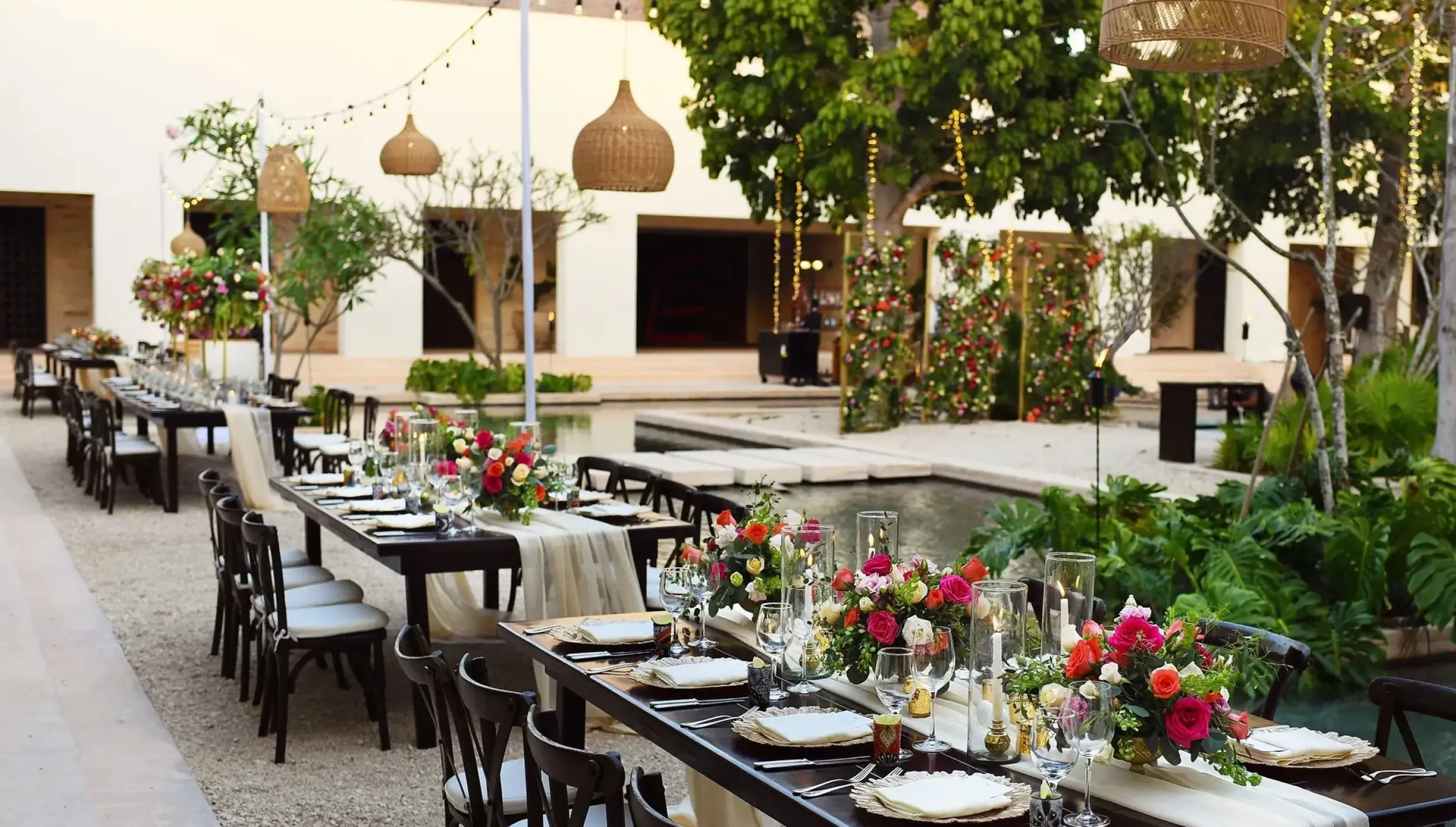 Dinner reception setup on the plaza akumal wedding venue at Secrets Akumal Riviera Maya