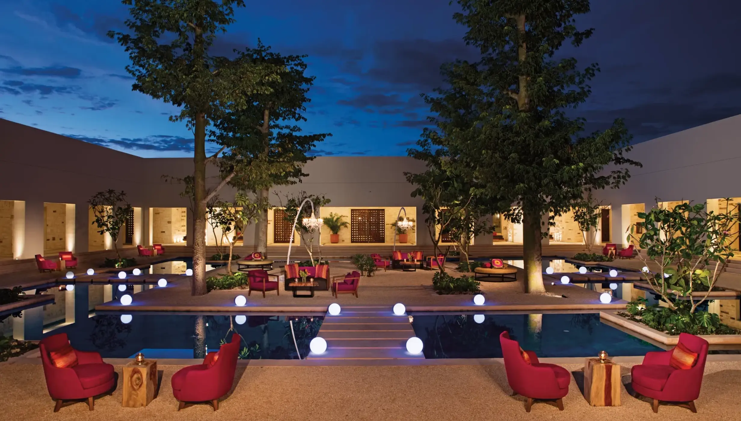Cocktail party set up on plaza akumal wedding venue at Secrets Akumal Riviera Maya