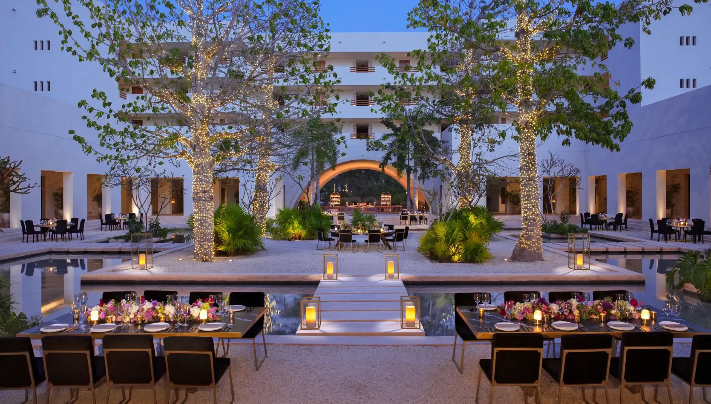 Dinner reception setup on the plaza akumal at Secrets Akumal Riviera Maya