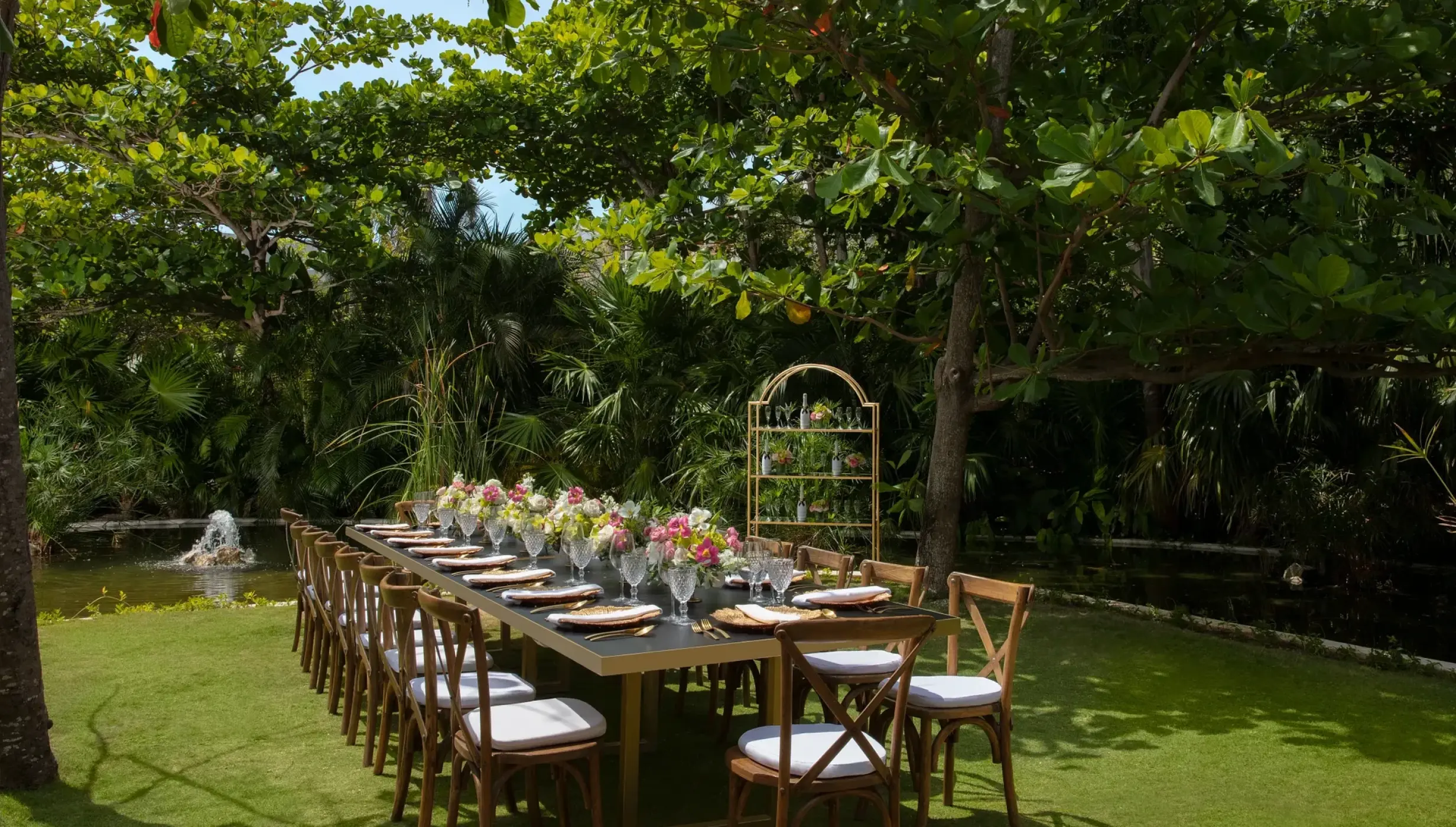Dinner reception decor on Yalku garden wedding venue at Secrets Akumal Riviera Maya