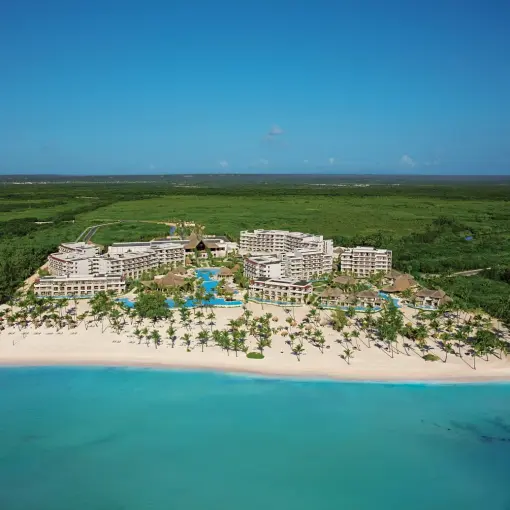 Aerial view of Secrets Cap Cana beachfront property and pools, Punta Cana