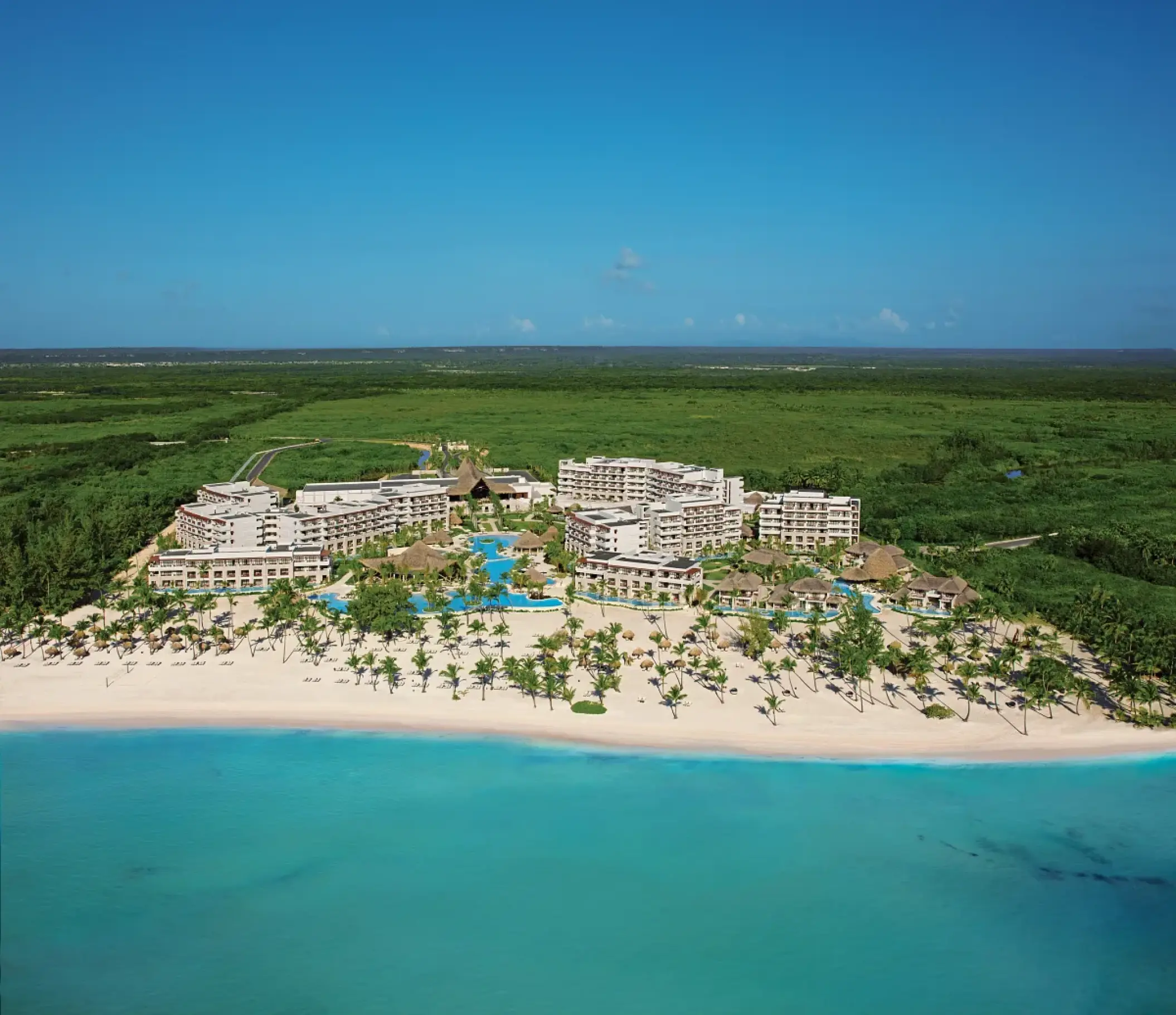 Aerial view of Secrets Cap Cana beachfront property and pools, Punta Cana