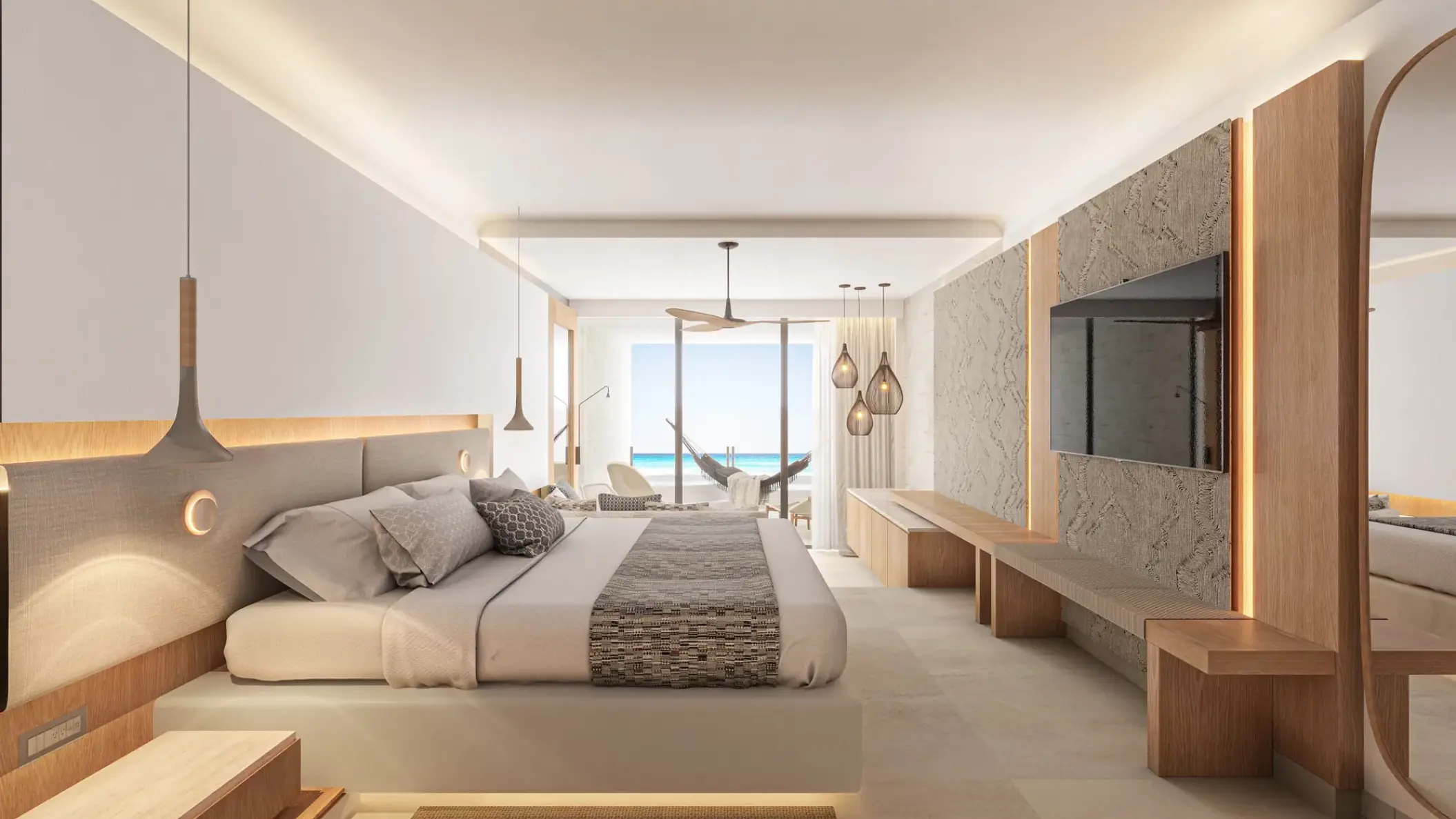 Modern junior suite with a king bed and ocean-view balcony at Impression Isla Mujeres, Isla Mujeres
