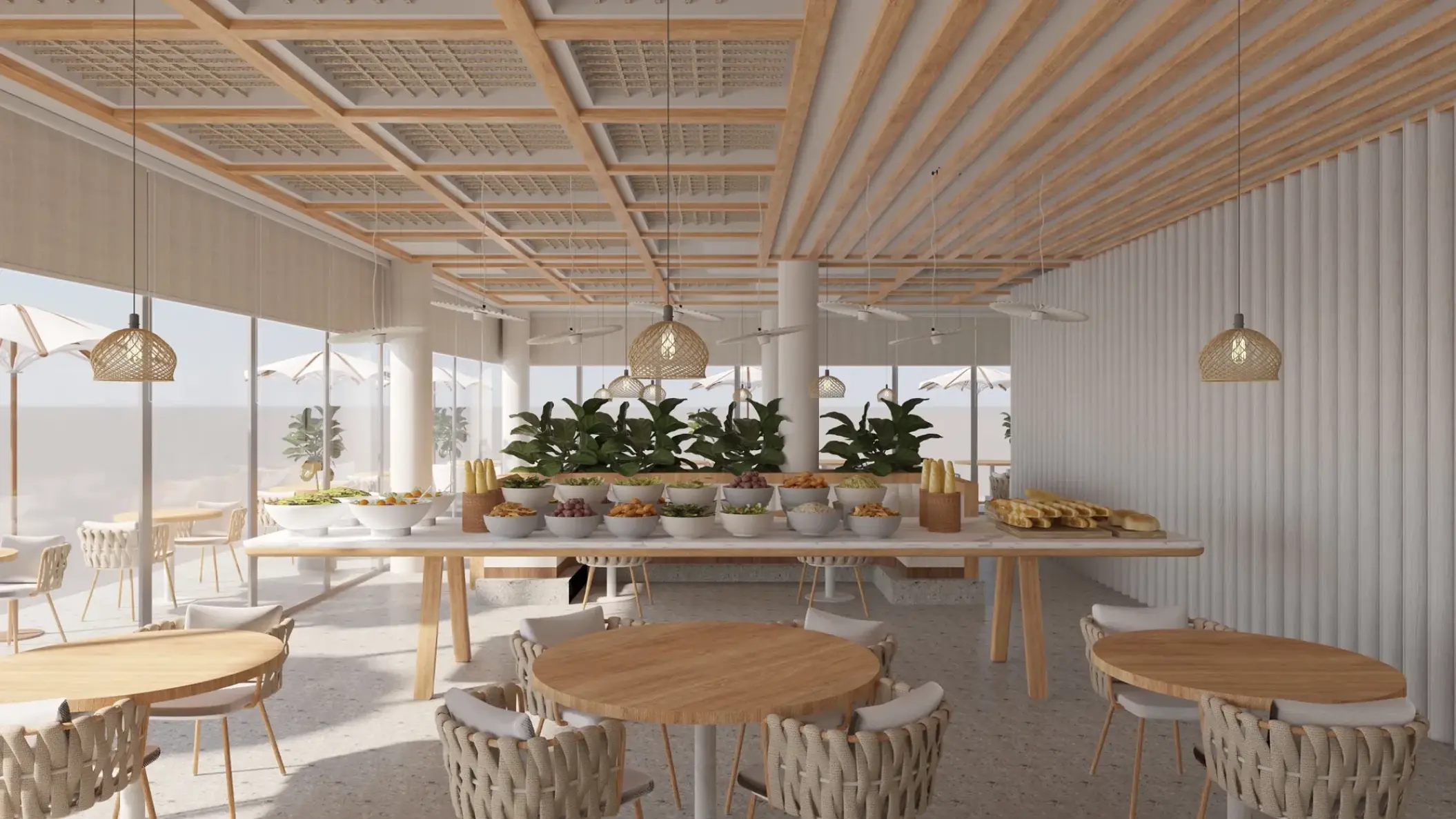 La Vista restaurant dining area with woven chairs and buffet at Impression Isla Mujeres by Secrets