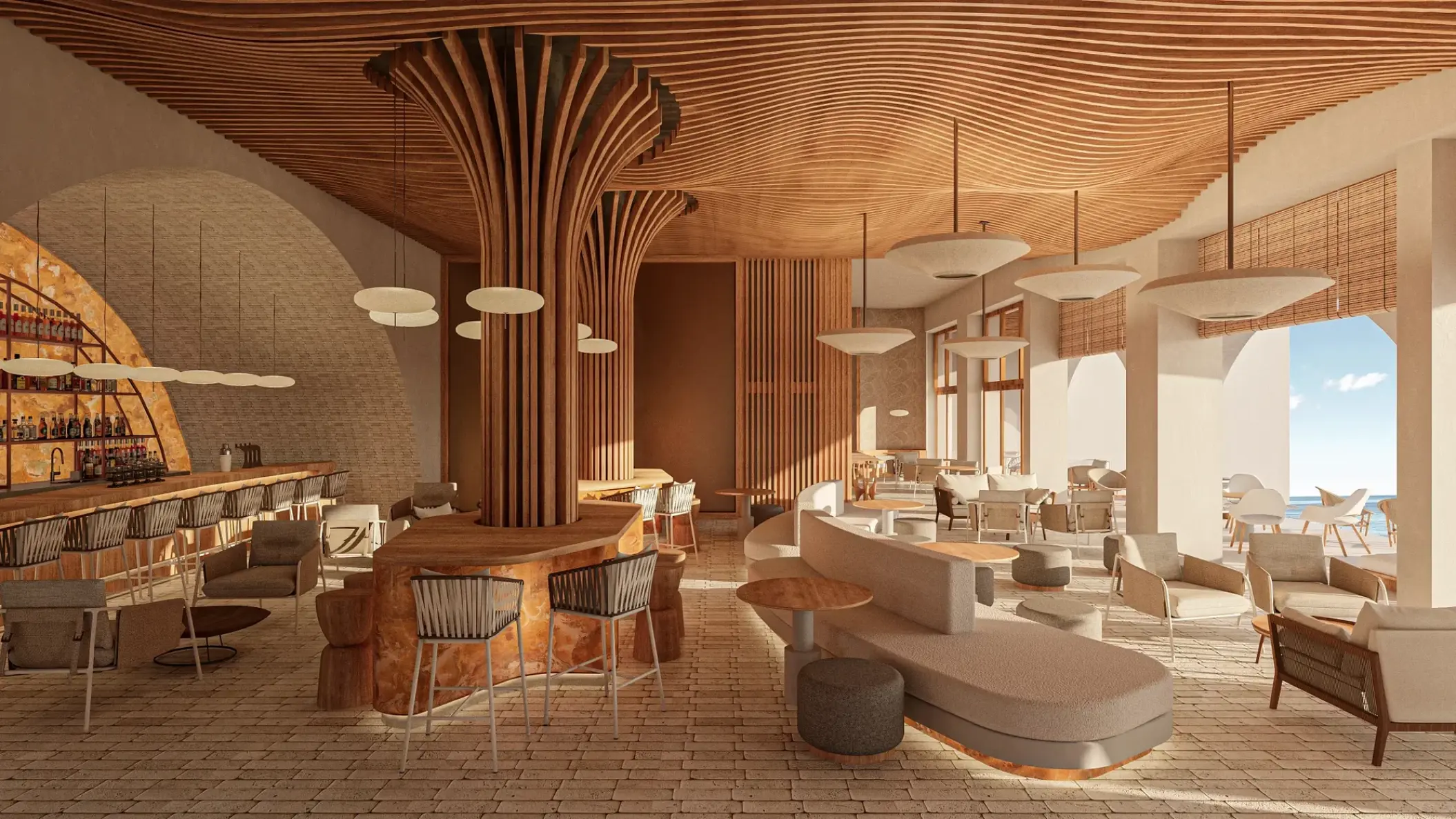 Modern lobby bar with wood pillar and patterned ceiling at Impression Isla Mujeres by Secrets, Isla Mujeres