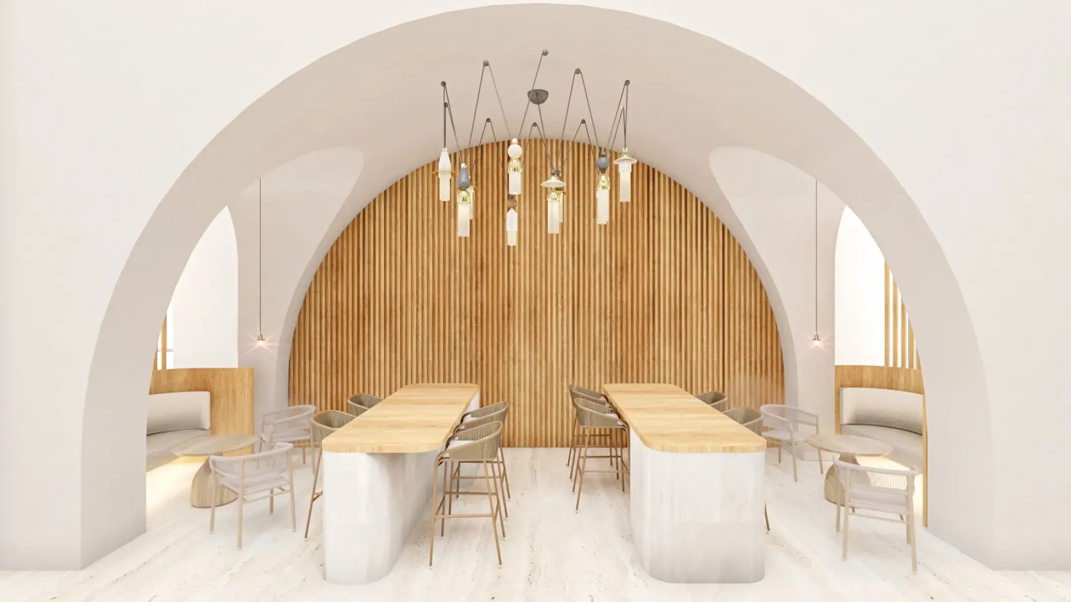 Minimalist lobby bar with arched ceilings and wood paneling at Impression Isla Mujeres, Isla Mujeres