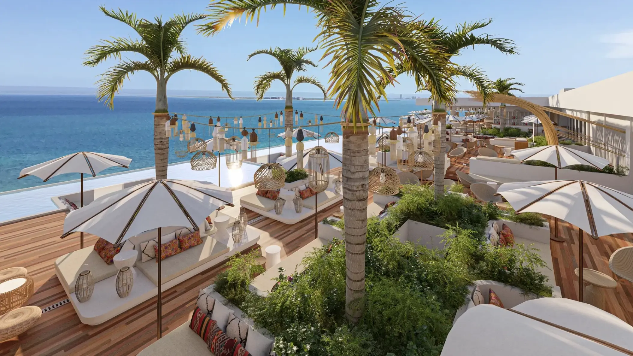 Rooftop lounge with white umbrellas and palm trees at Impression Isla Mujeres by Secrets, Isla Mujeres