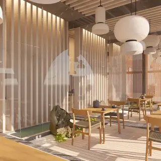 Sake restaurant dining area with paper lantern lighting and wood paneling at Impression Isla Mujeres, Isla Mujeres