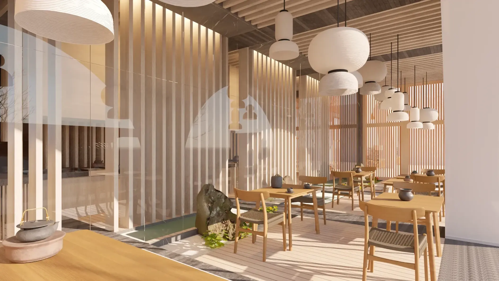 Sake restaurant dining area with paper lantern lighting and wood paneling at Impression Isla Mujeres, Isla Mujeres