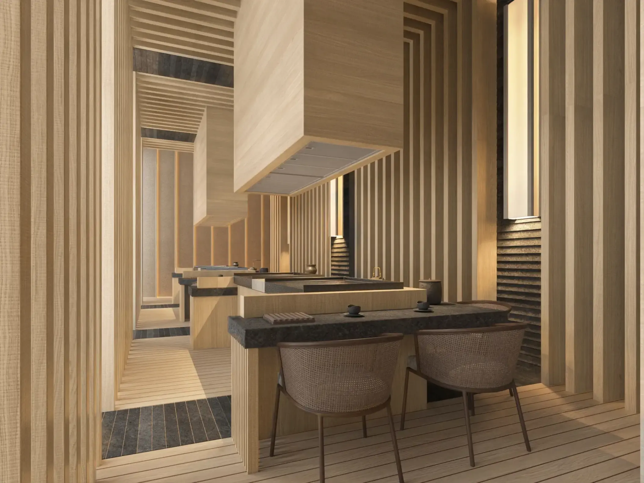 Modern teppanyaki dining room with light wood slats and dark stone counters at Impression Isla Mujeres, Isla Mujeres