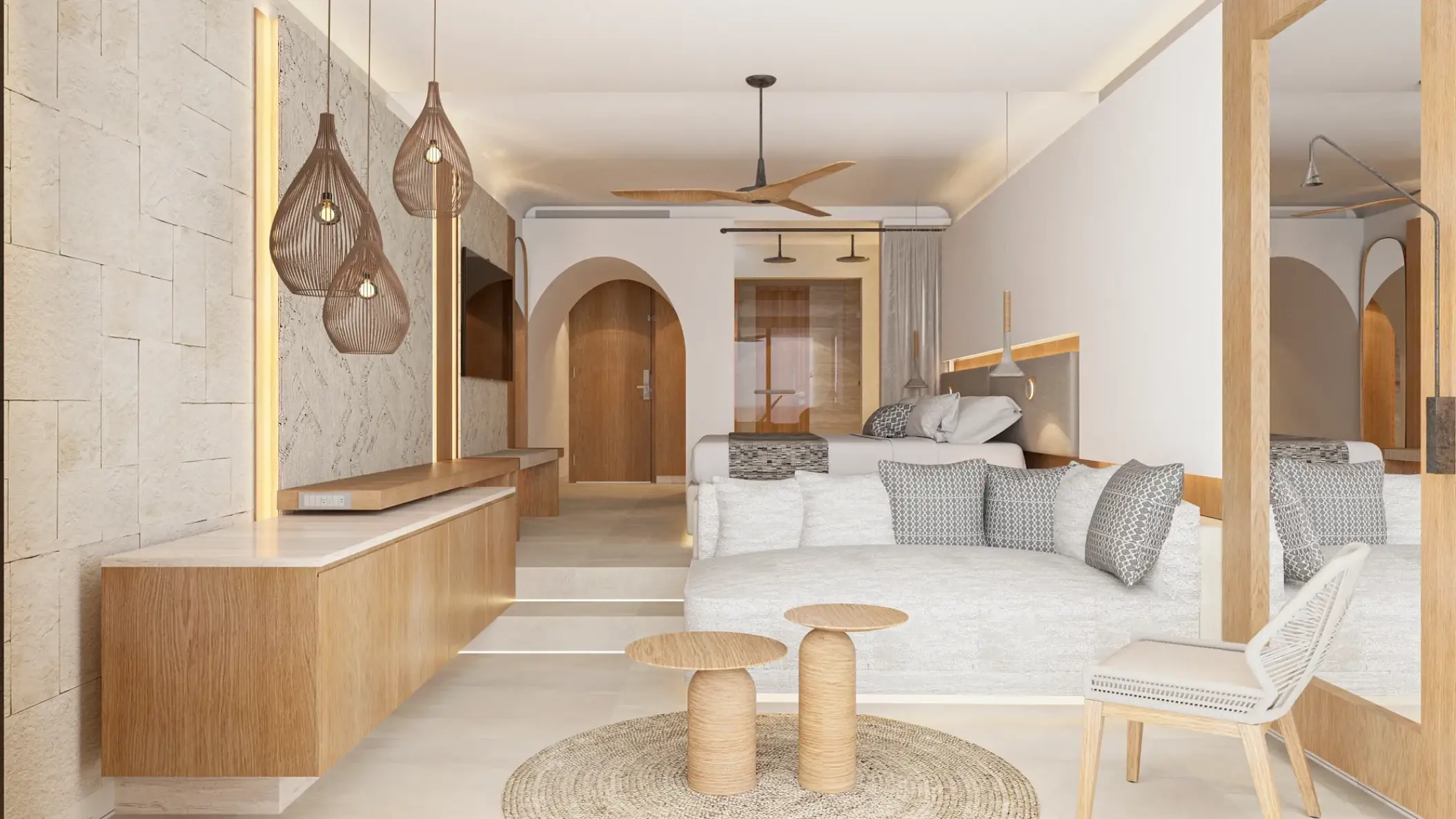Signature Junior King suite with modern wood accents and white sofa at Impression Isla Mujeres, Isla Mujeres