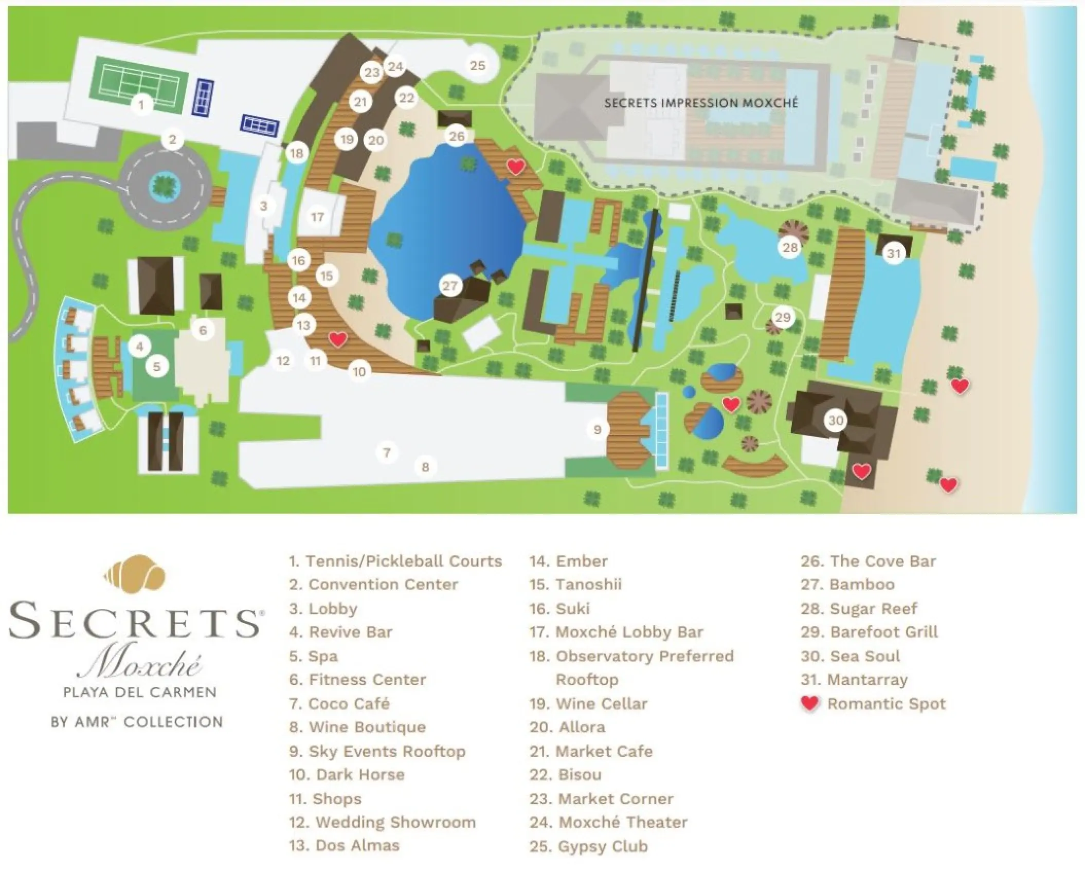 Resort map for Secrets Moxche Playa Del Carmen with a legend showing facilities, restaurants, and pools