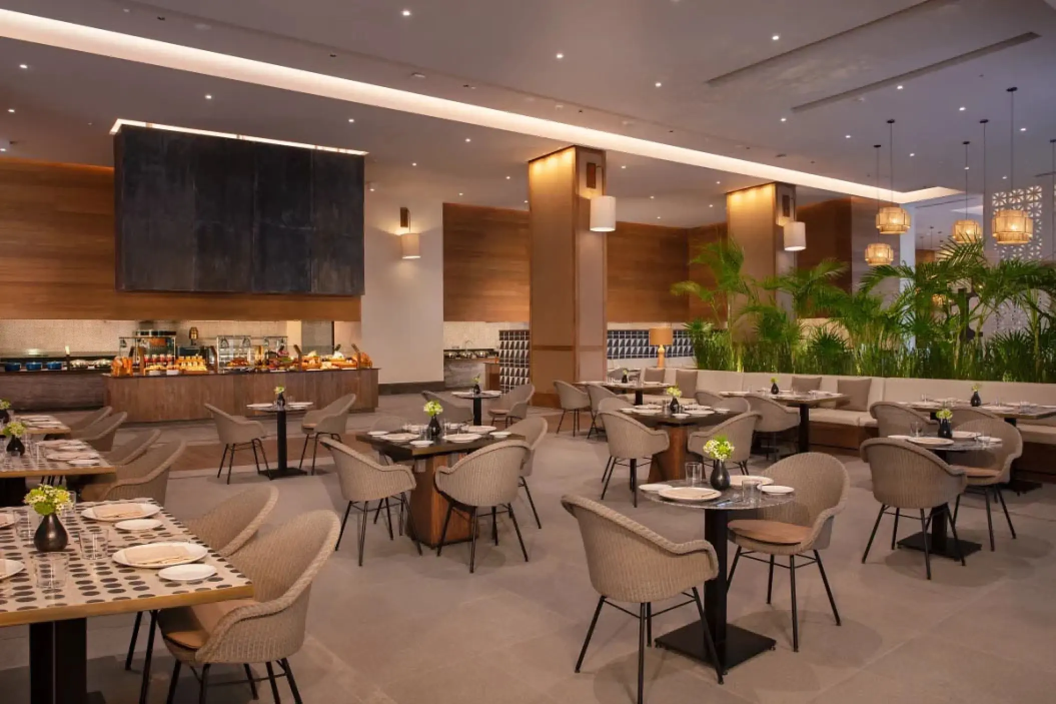 Market Cafe restaurant with modern seating and buffet at Secrets Moxche, Playa Del Carmen