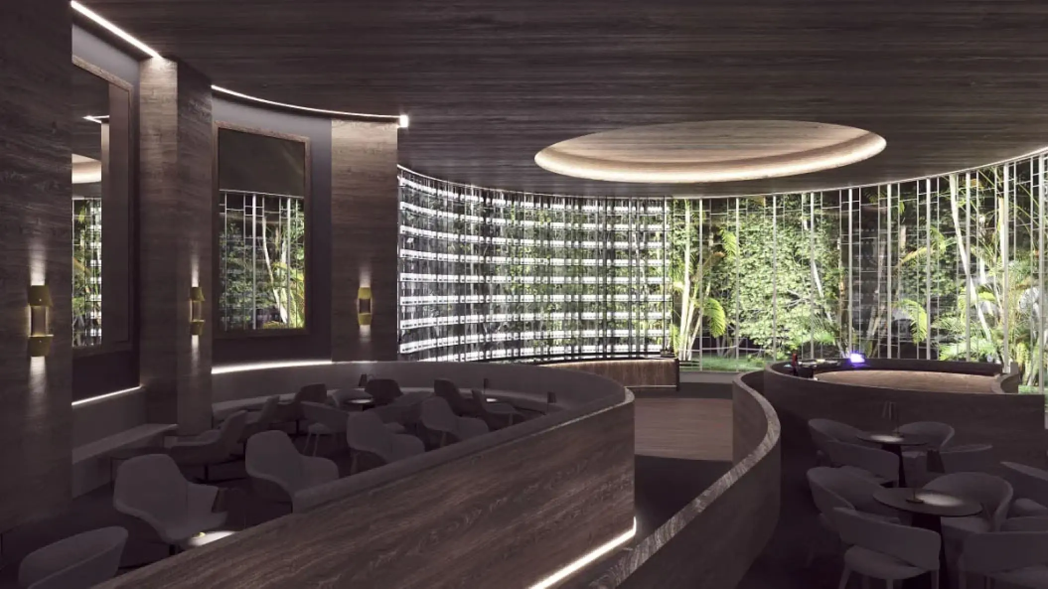 Modern night club with curved seating and large windows at Secrets Moxche, Playa Del Carmen
