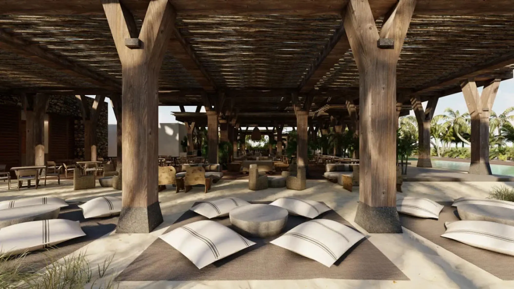 Open-air restaurant with floor cushions and wooden beams at Secrets Moxche, Playa Del Carmen