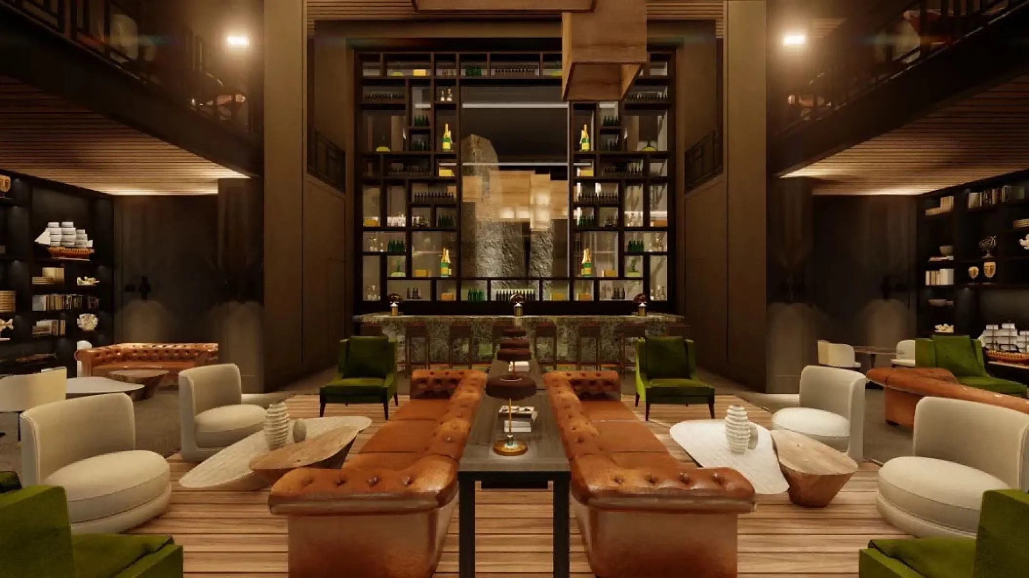 Modern sports bar with leather seating and wood paneling at Secrets Moxche, Playa Del Carmen