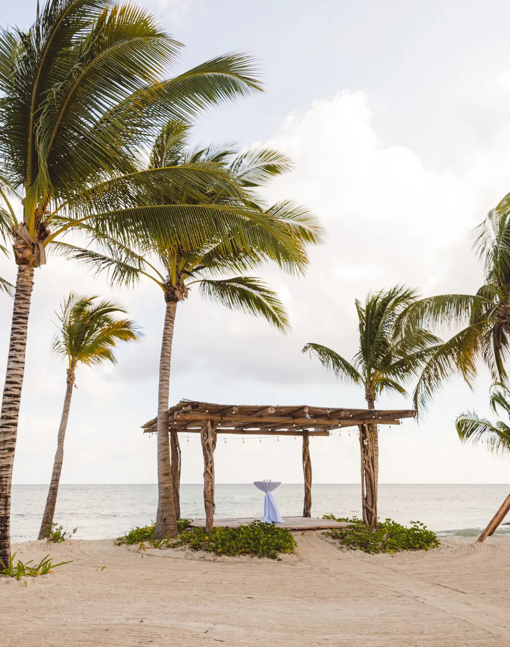 Beachfront wedding ceremony gazebo surrounded by palm trees at Secrets Moxche, Playa Del Carmen