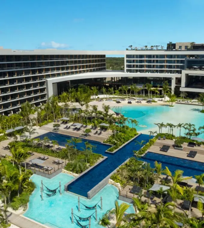 Aerial view of pools and tropical landscaping at Secrets Moxche, Playa Del Carmen