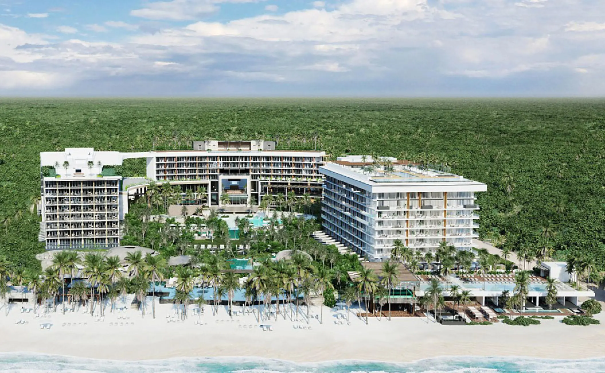 Aerial overview of Secrets Moxche buildings and beachfront, Playa Del Carmen