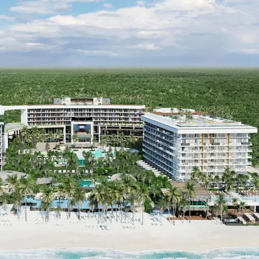 Aerial overview of Secrets Moxche buildings and beachfront, Playa Del Carmen