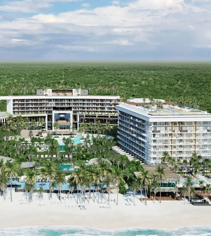 Aerial view of Impression Moxché by Secrets beachfront buildings and lush grounds, Playa Del Carmen