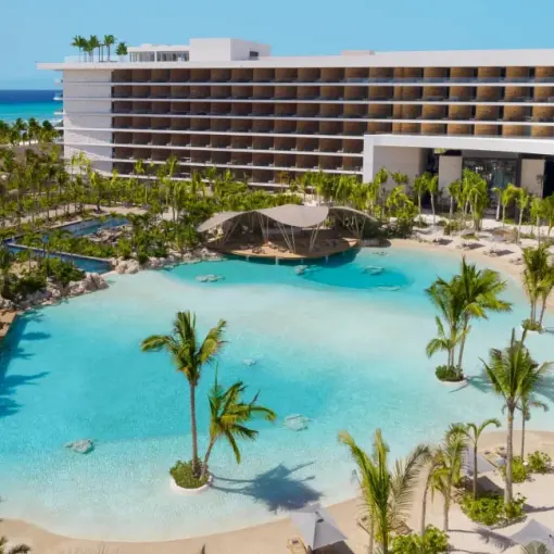Aerial view of the man-made lagoon pool at Secrets Moxche, Playa Del Carmen