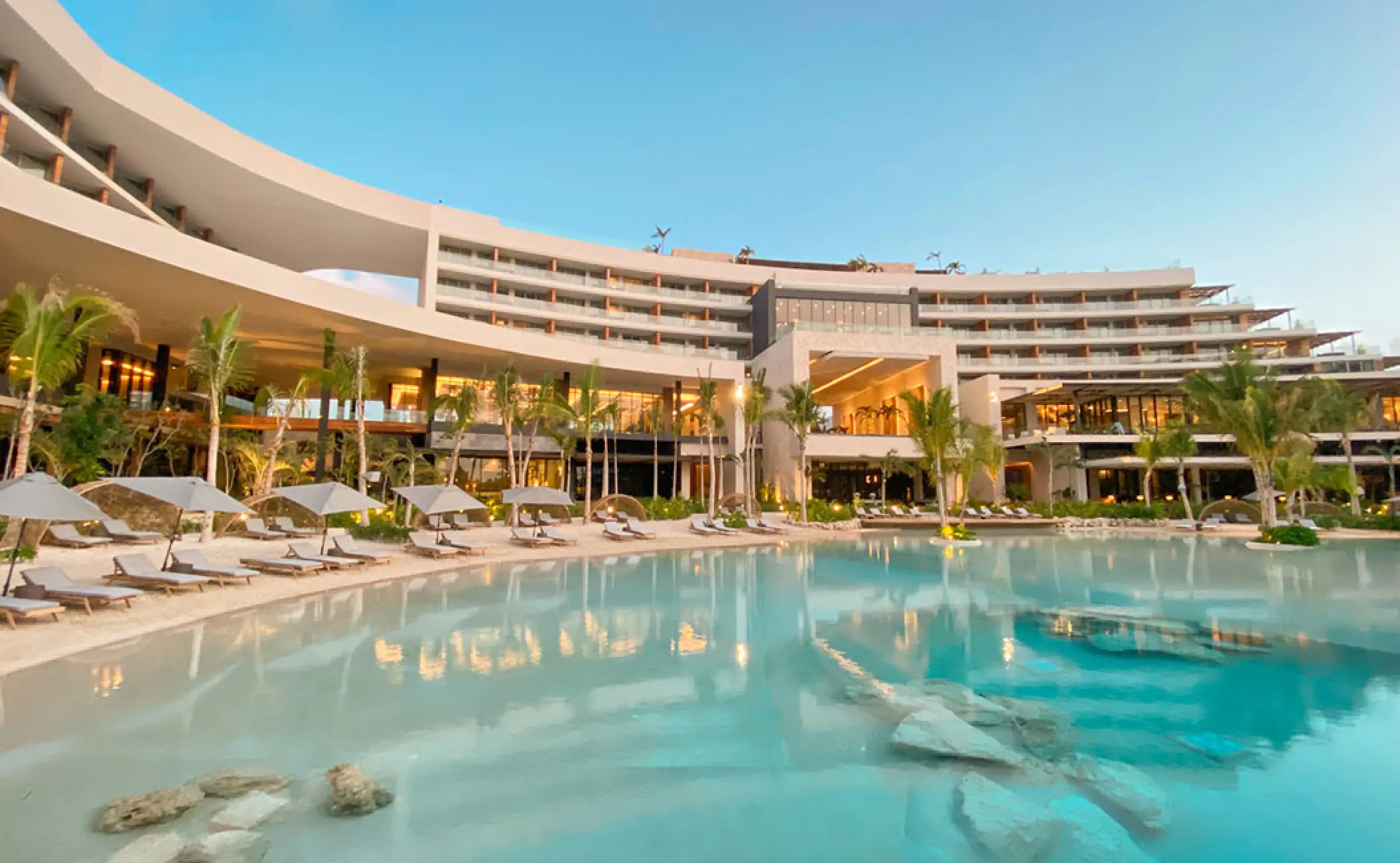 Secrets Moxche Playa Del Carmen exterior and tiered lagoons with sun loungers, Playa Del Carmen