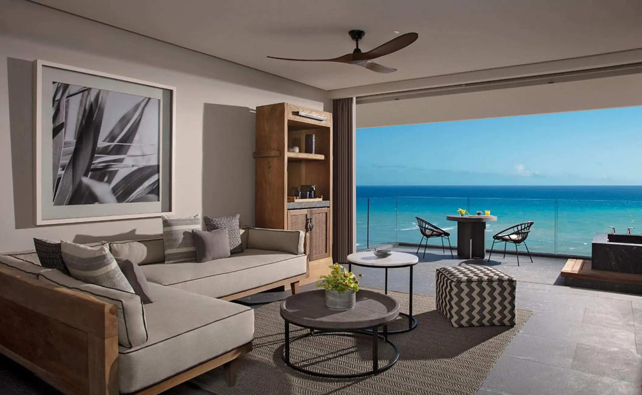 Master suite living area and balcony with ocean view at Secrets Moxche, Playa Del Carmen