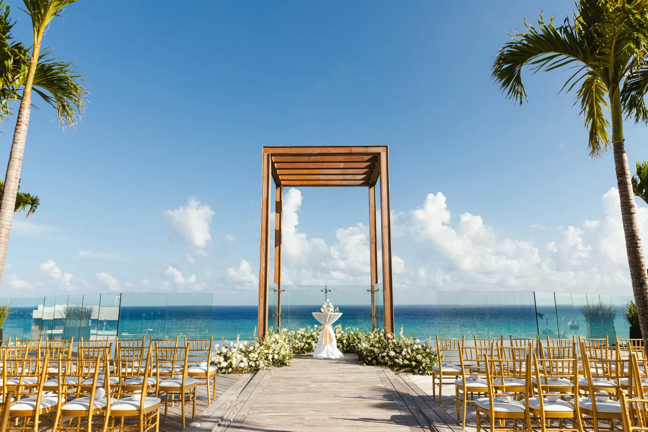 Sky wedding gazebo ceremony setup with ocean views at Secrets Moxche, Playa Del Carmen