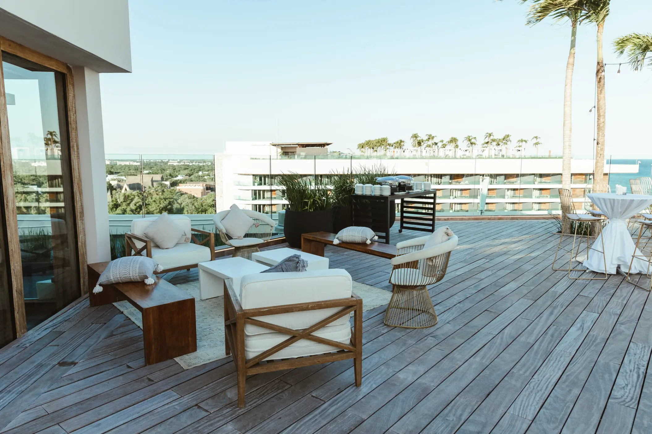 Rooftop terrace lounge and wedding reception setup at Secrets Moxche, Playa Del Carmen