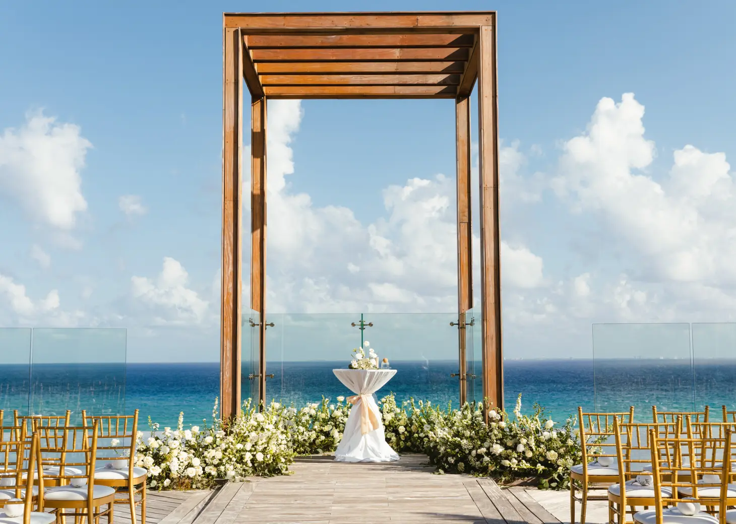 Ceremony decor on the sky wedding gazebo at Secrets Moxche