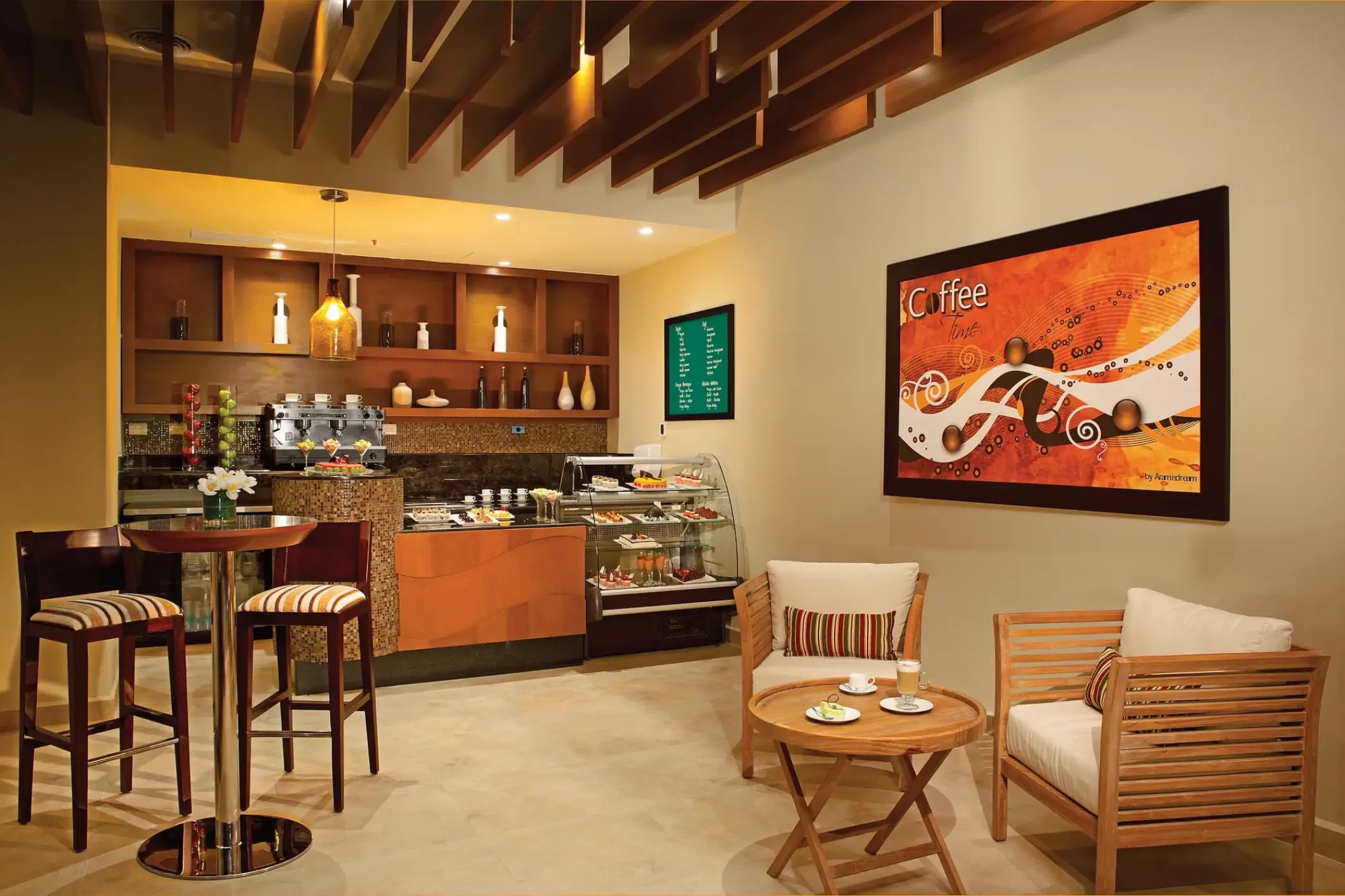 Coco Cafe coffee shop and seating area at Secrets Playa Mujeres, Cancun