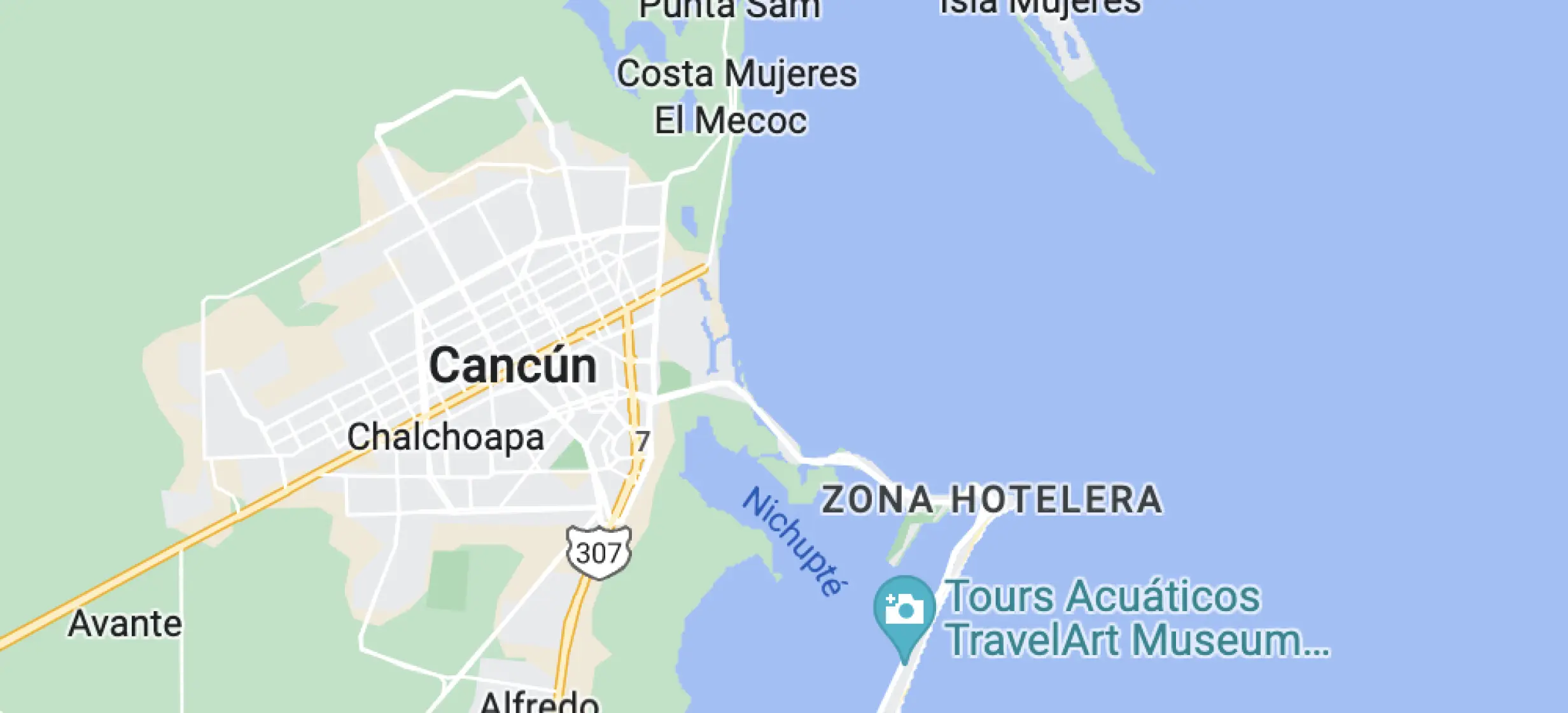 Map screenshot showing the location of Secrets Playa Mujeres north of Cancun