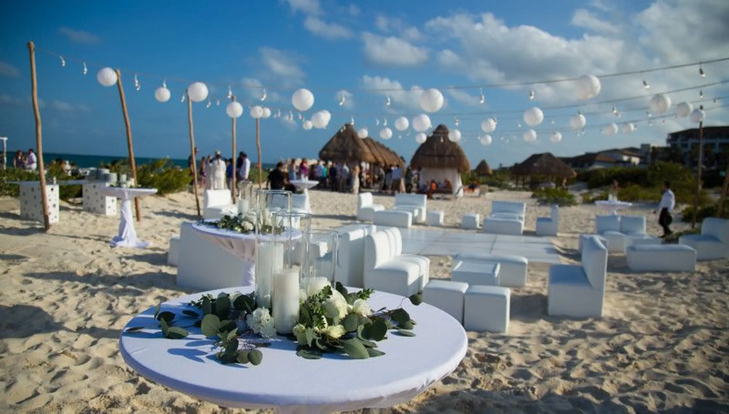 Ceremony decor on the beach wedding venue at Secrets Playa Mujeres Golf and Spa