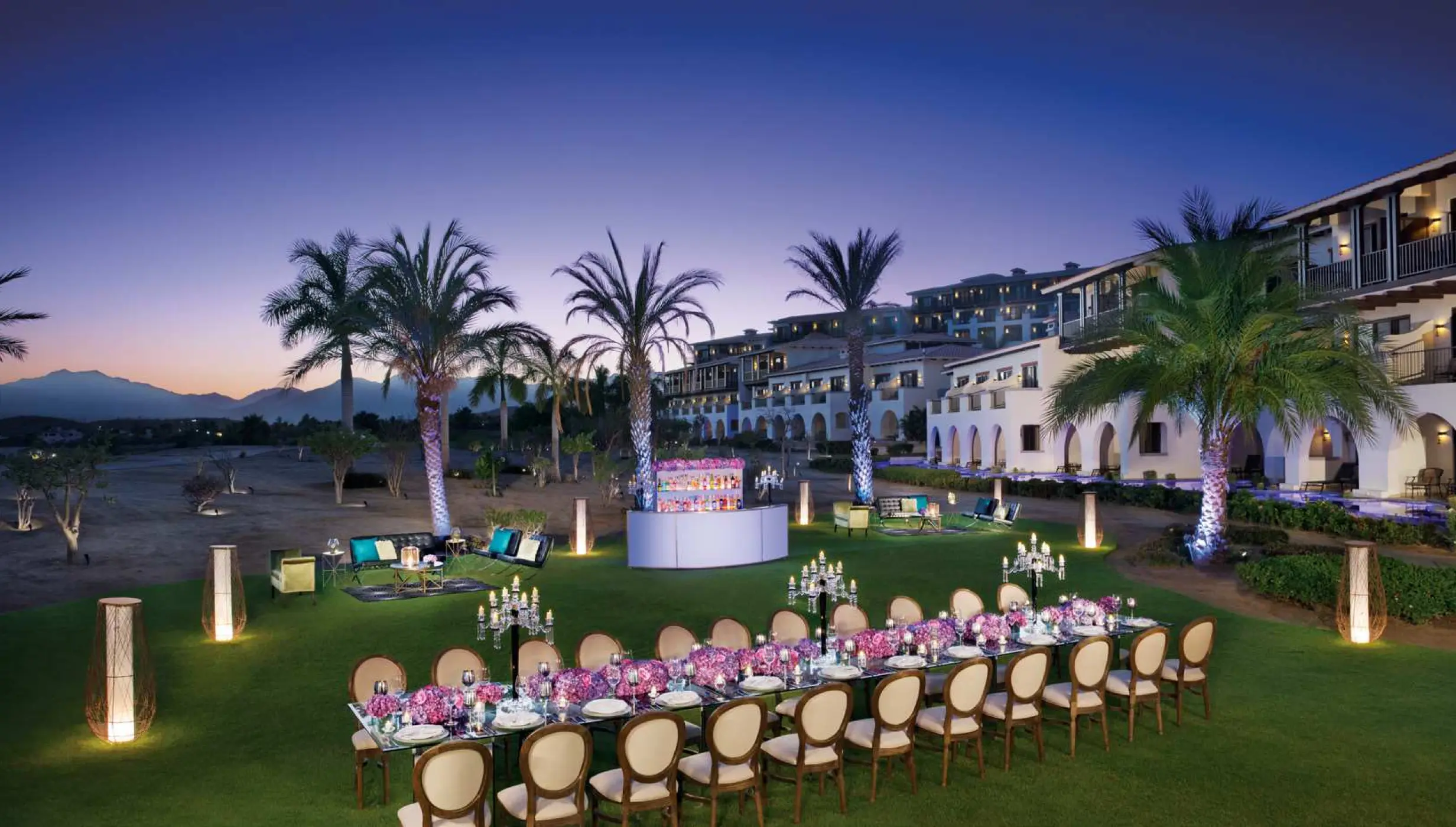 Evening wedding reception on the West Garden lawn at Secrets Puerto Los Cabos, Cabo San Lucas
