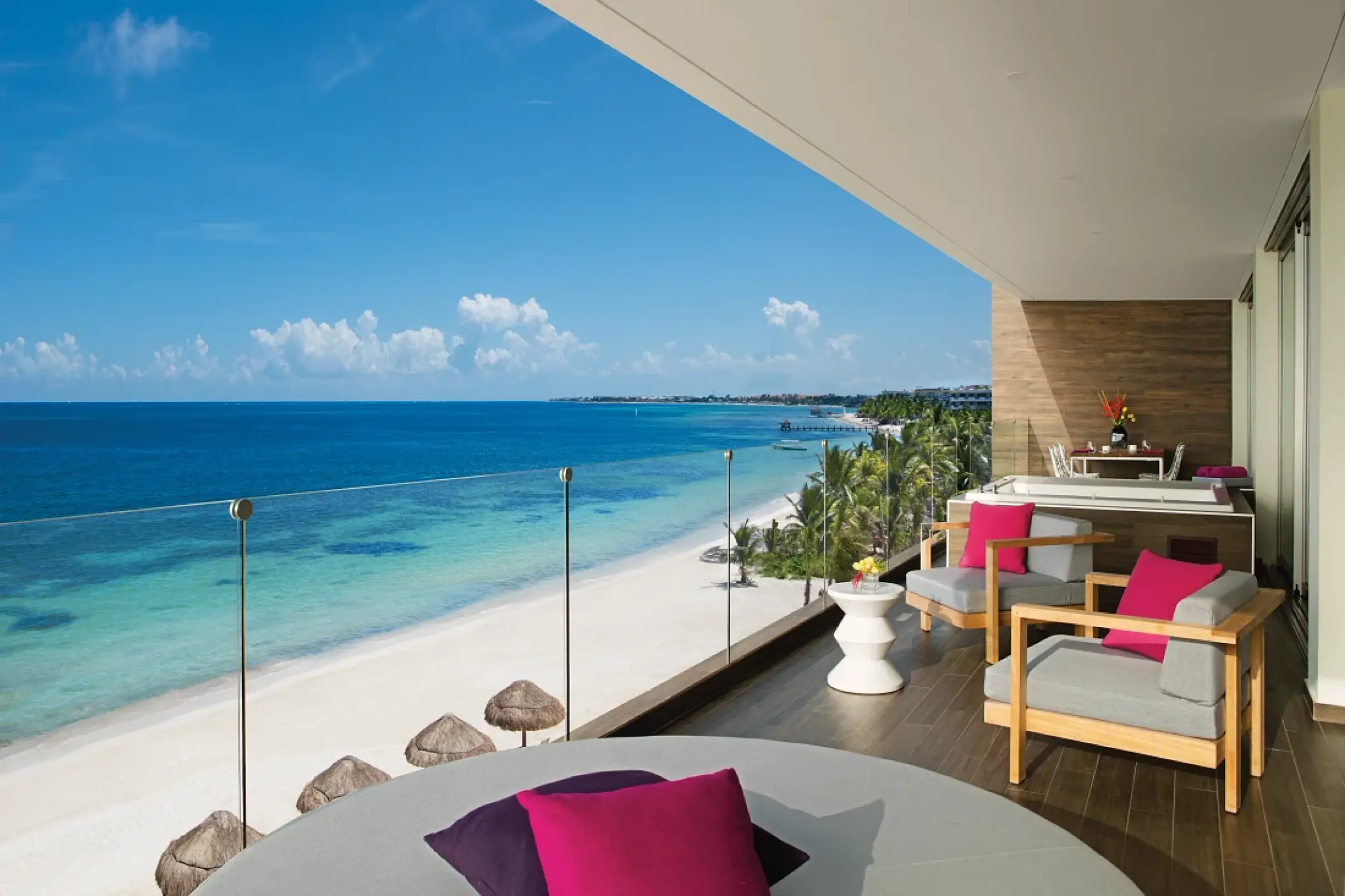 Private terrace with outdoor seating overlooking the beach at Secrets Riviera Cancun, Riviera Maya