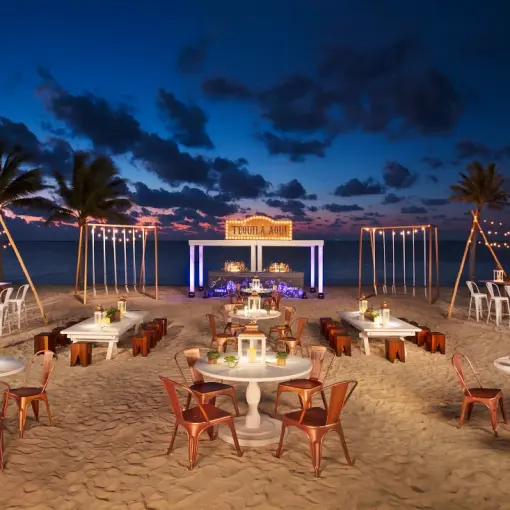 Beachfront wedding reception setup at Secrets Riviera Cancun, Riviera Maya