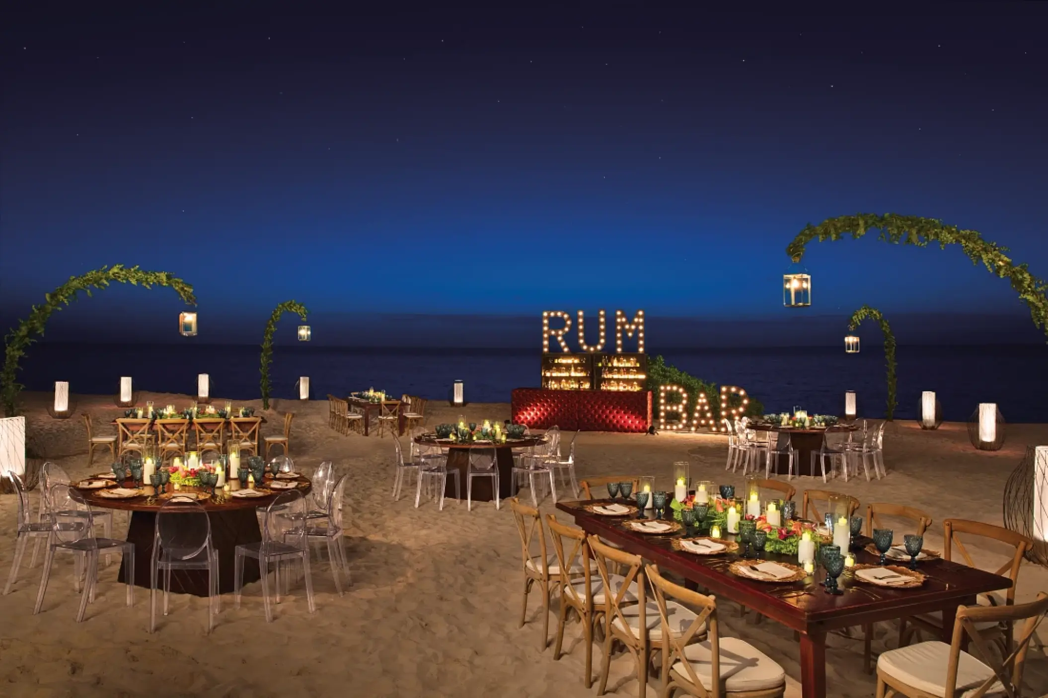 Beachfront wedding reception setup at Secrets Riviera Cancun, Riviera Maya