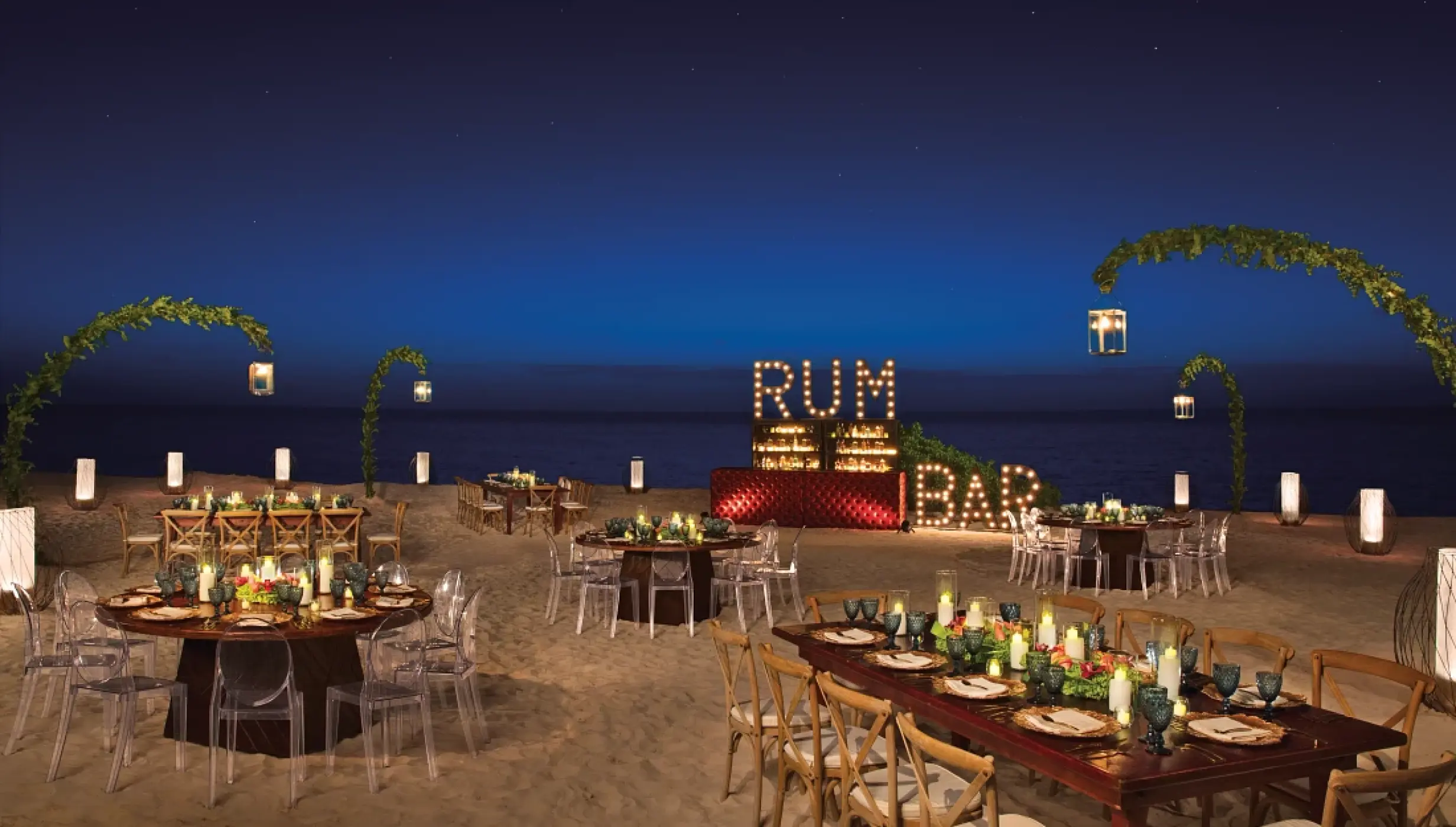 Dinner reception decor on the beach at Secrets Riviera Cancun