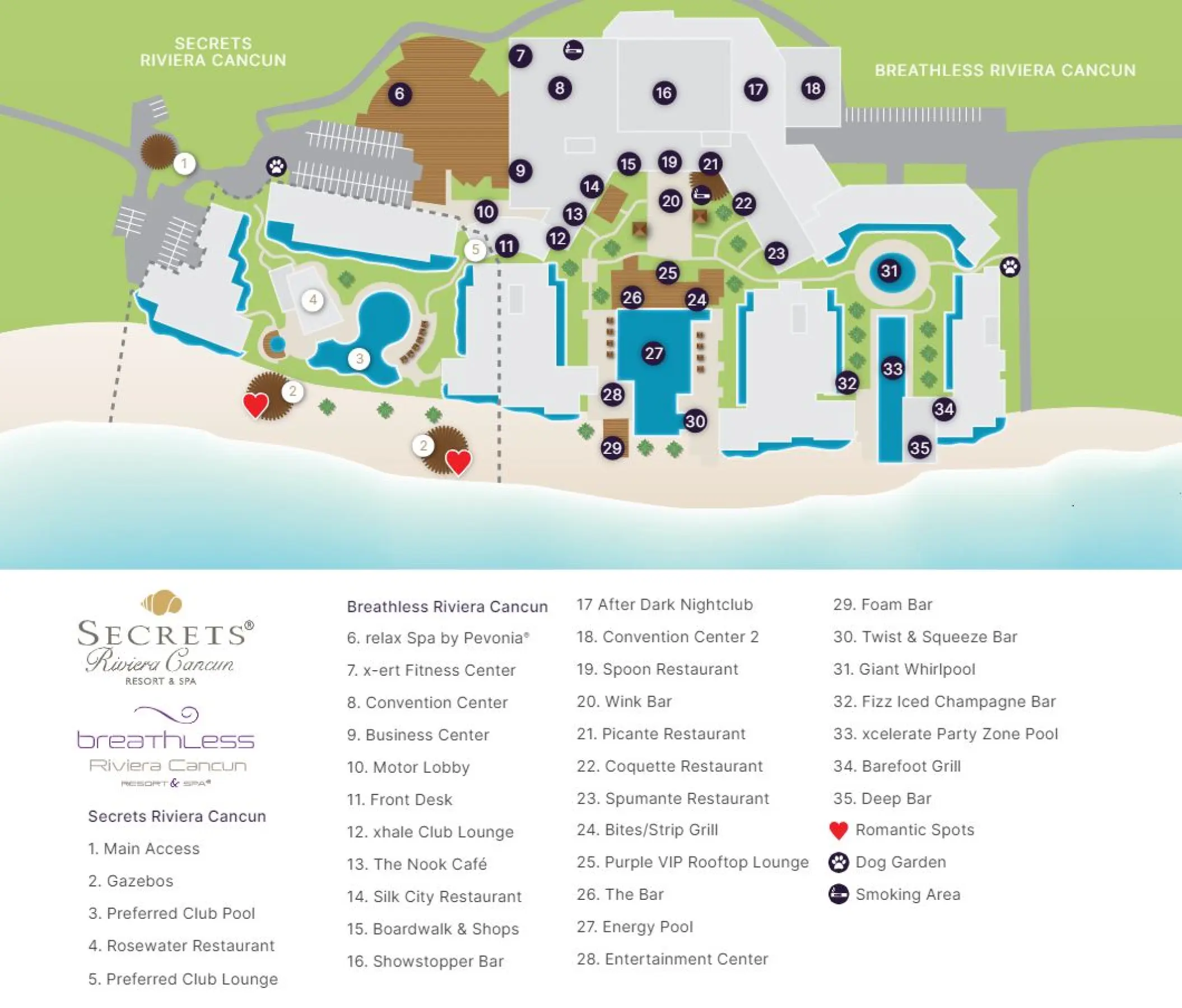 Illustrated map of Secrets Riviera Cancun and Breathless Riviera Cancun showing pools, restaurants, and amenities