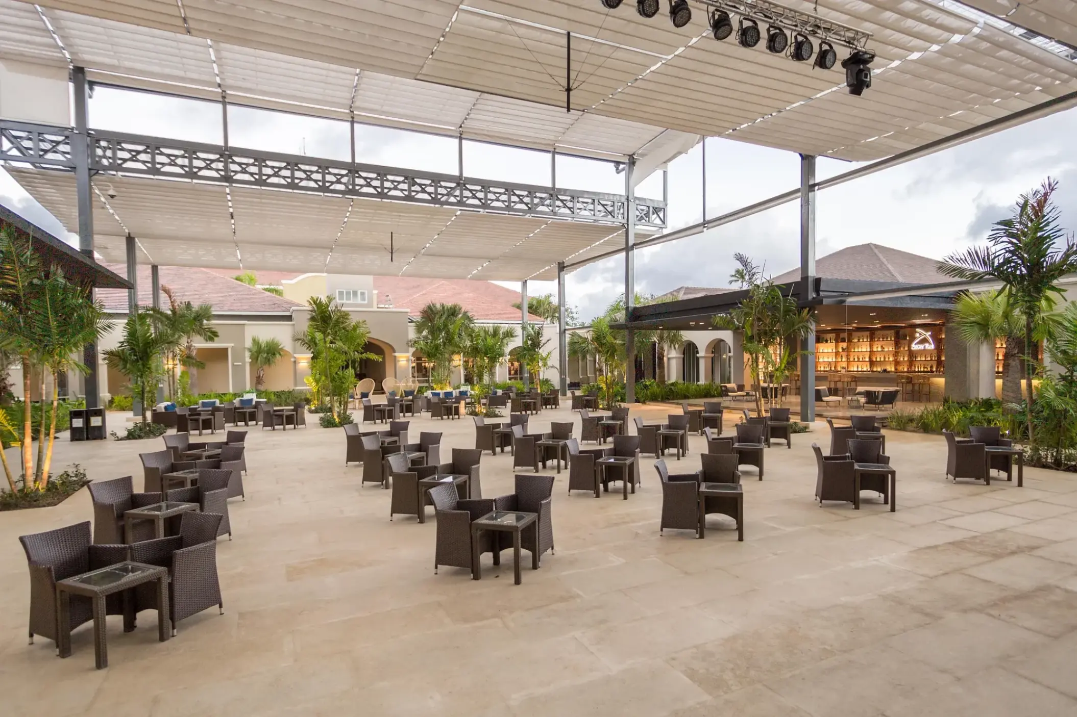 Covered main plaza seating area at Secrets Royal Beach, Punta Cana