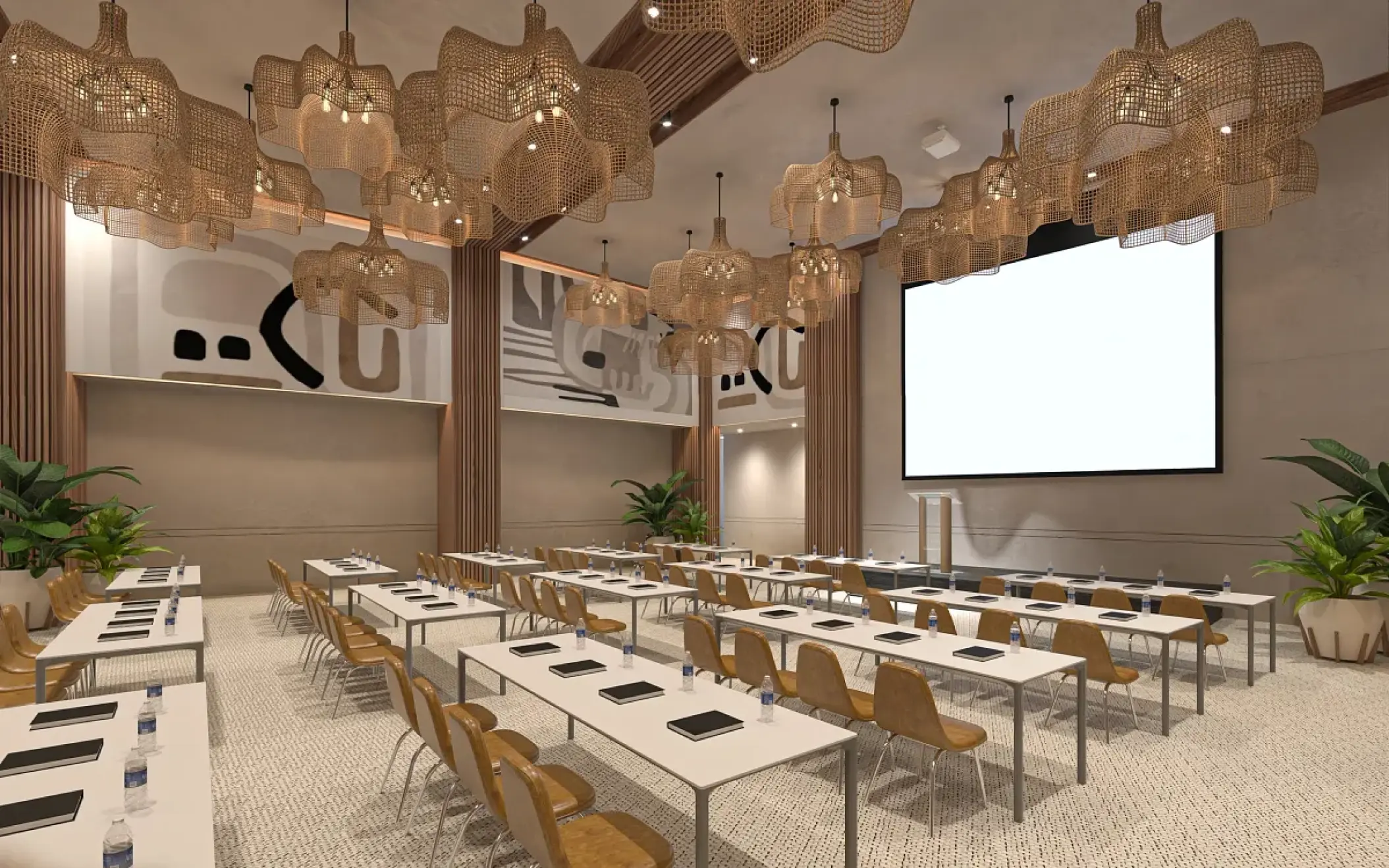Convention center with classroom-style seating and woven light fixtures at Secrets Tulum, Tulum