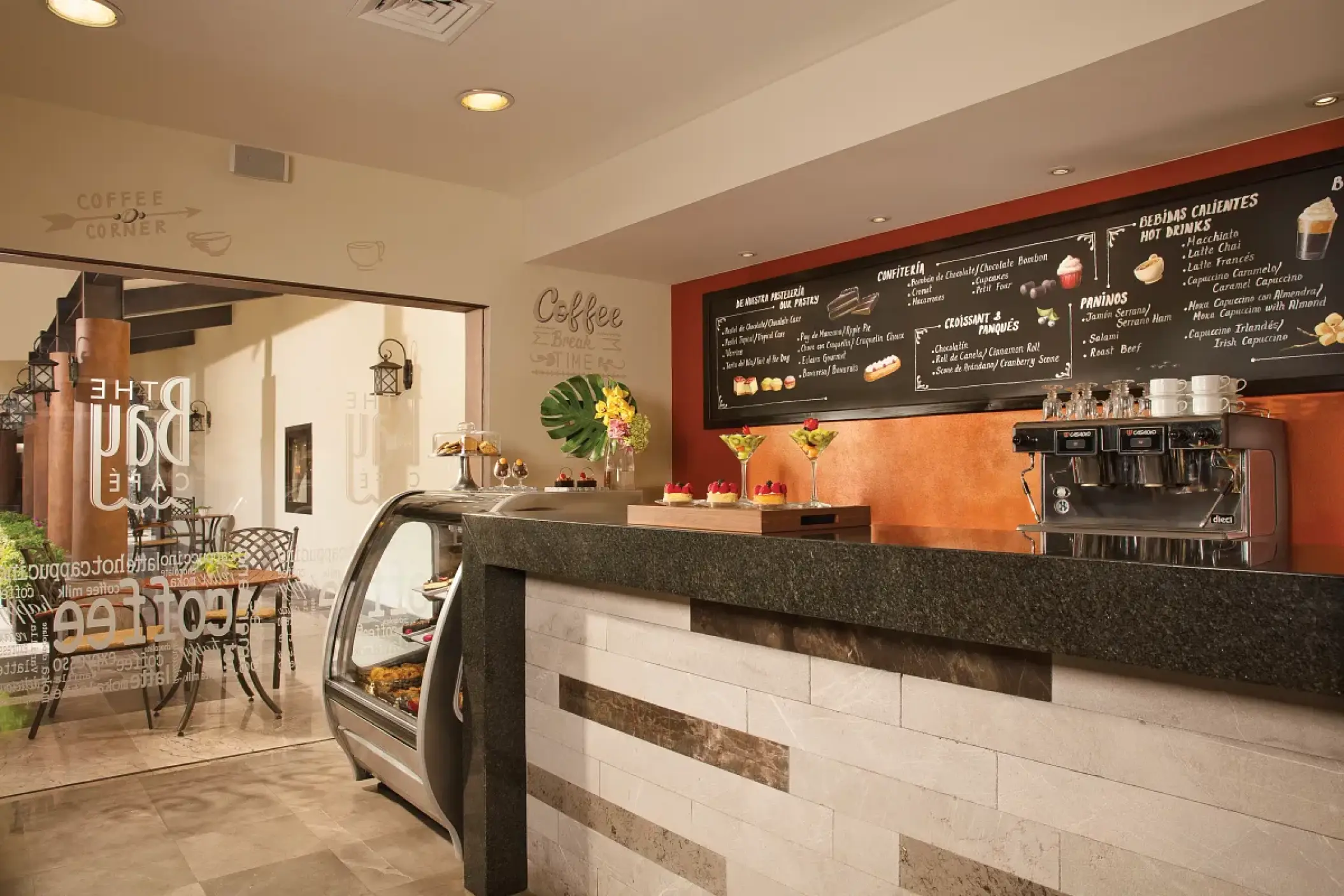 Coco Café coffee shop counter and chalkboard menu at Secrets Vallarta Bay, Puerto Vallarta