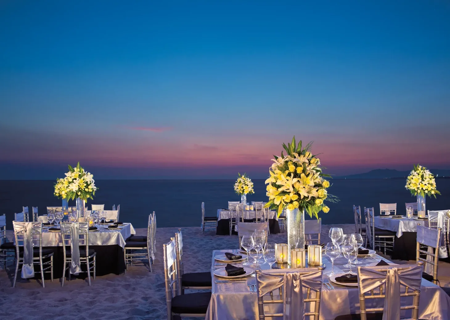 Dinner reception decor on the beach at Secrets Vallarta Bay Puerto Vallarta