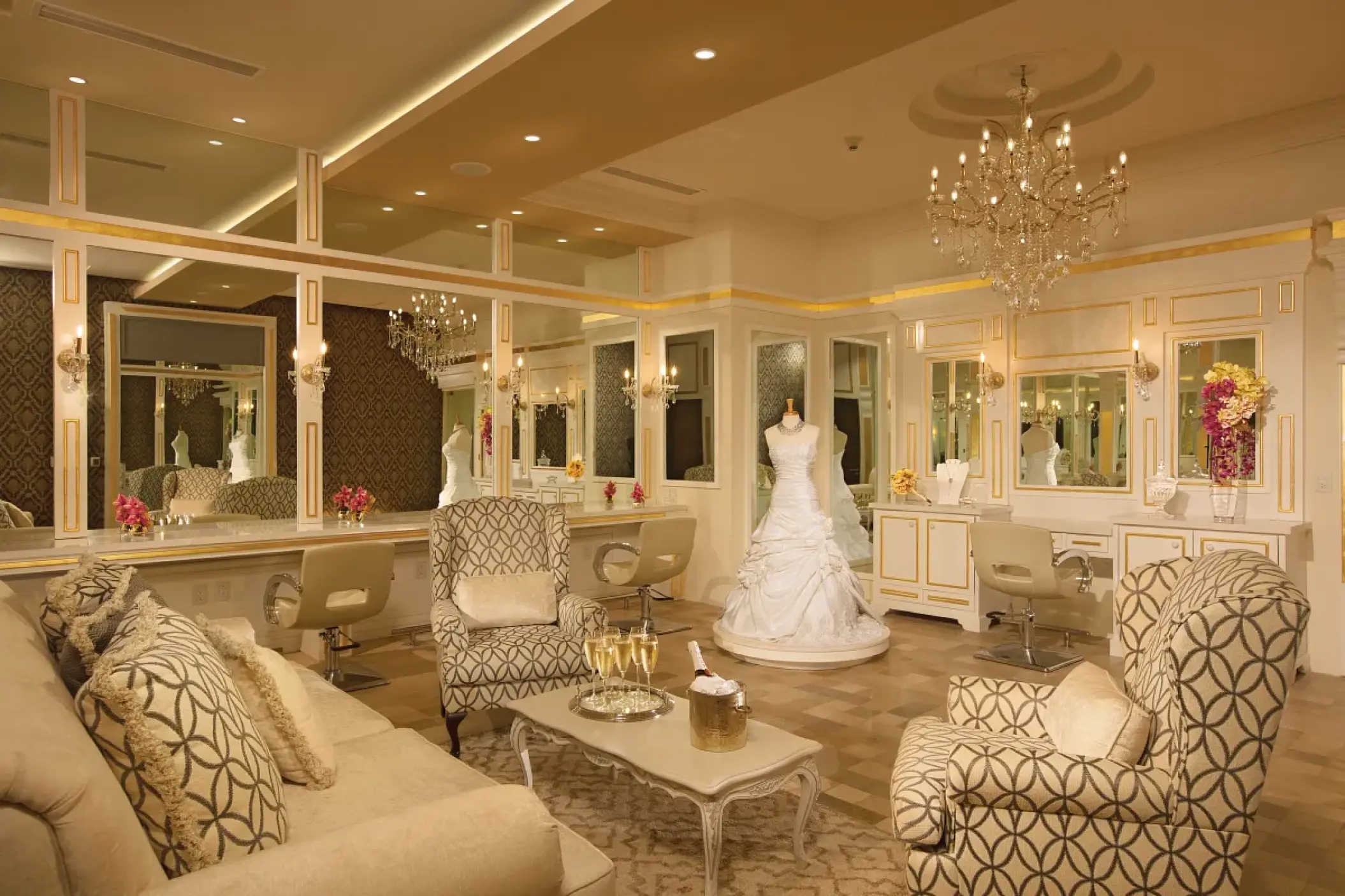 Bridal suite with white wedding dress and vanity mirrors at Secrets Vallarta Bay, Puerto Vallarta