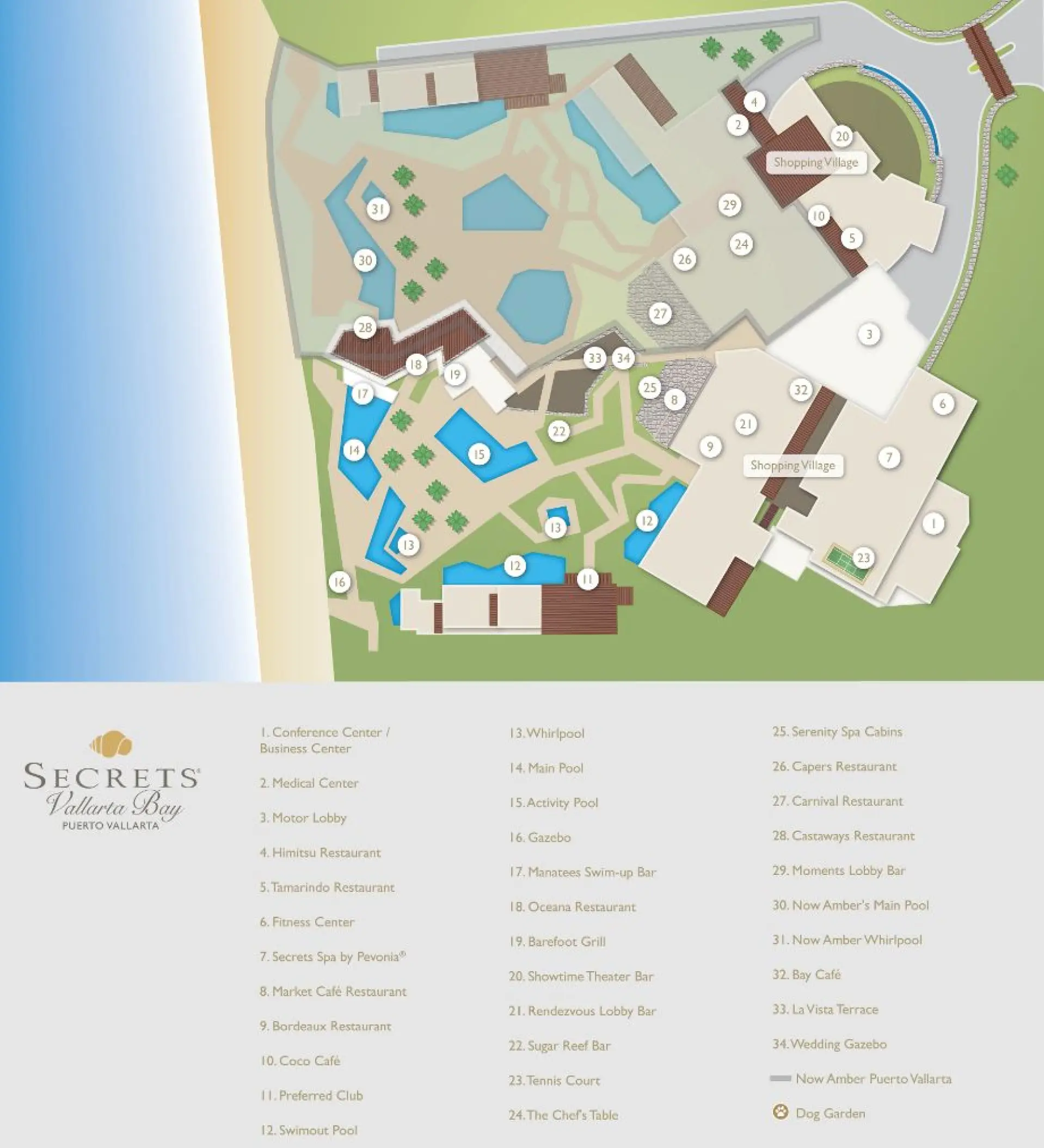 Resort map of Secrets Vallarta Bay Puerto Vallarta showing pools, buildings, and beach access