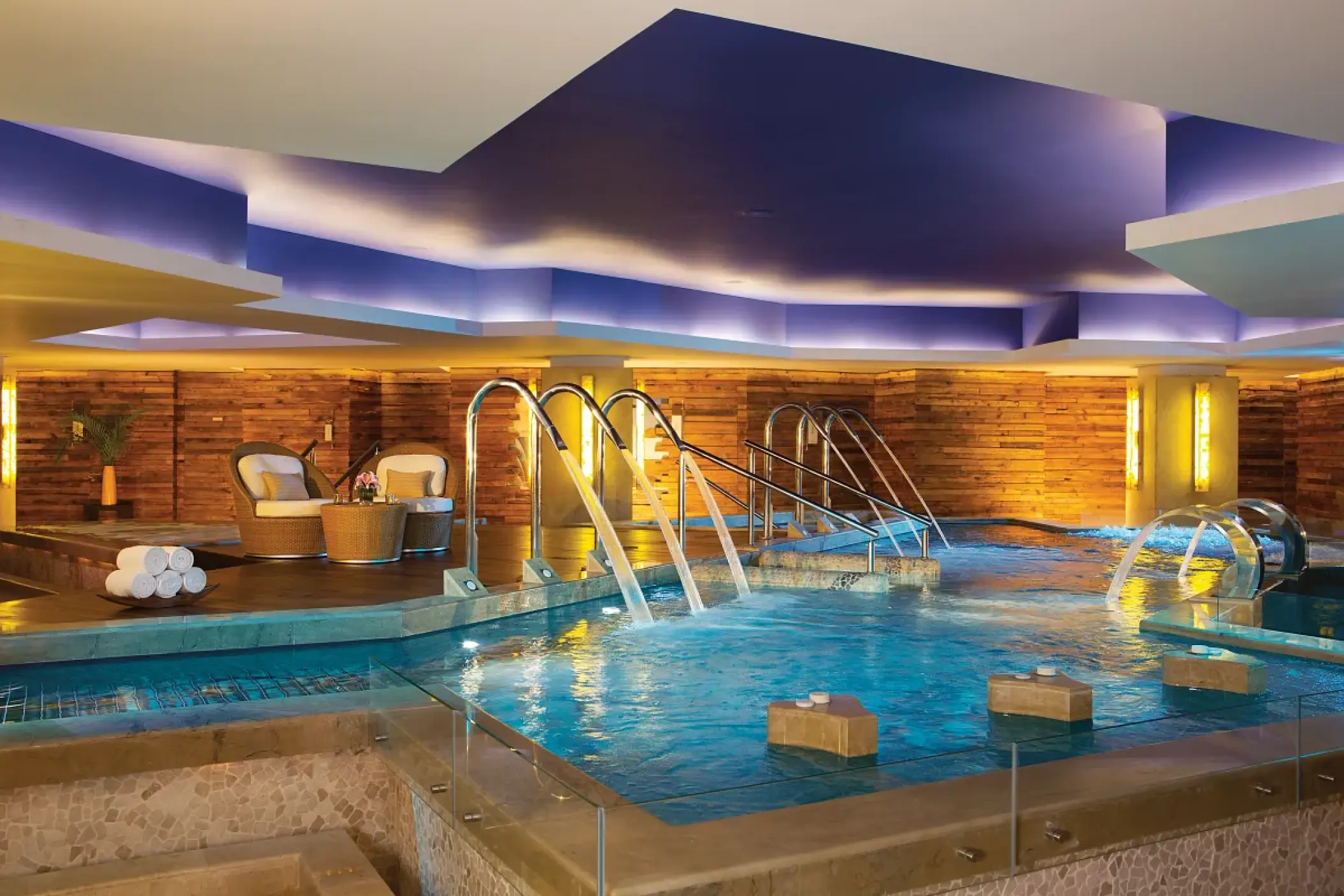 Indoor spa hydrotherapy circuit with swan neck fountains at Secrets Vallarta Bay, Puerto Vallarta