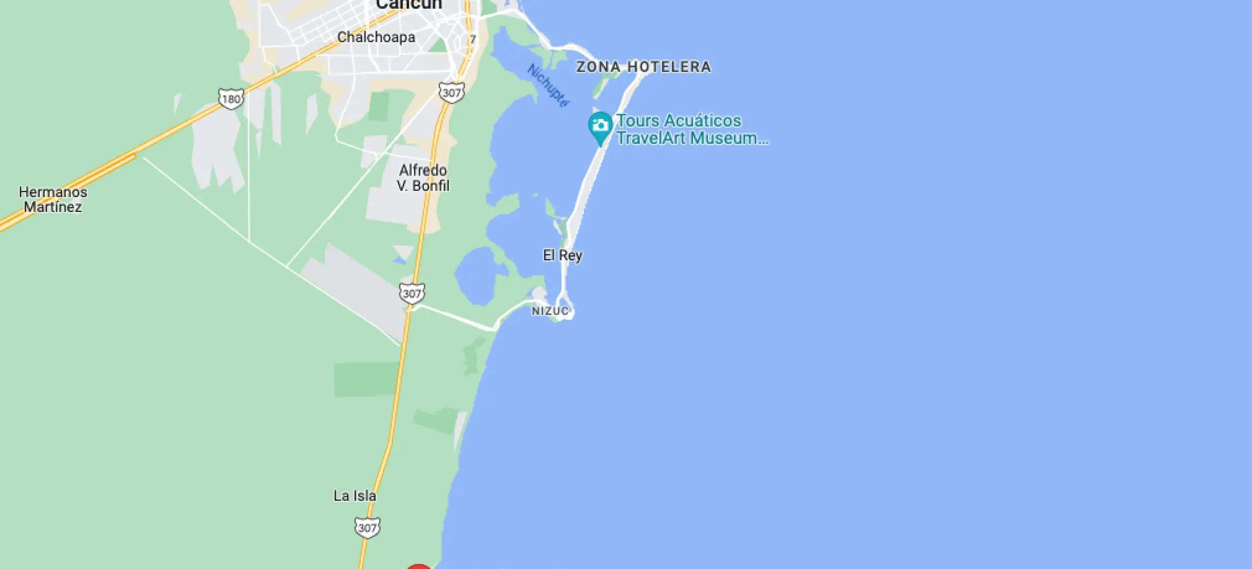 Map screenshot showing the location of Sensira Riviera Maya south of Cancun along the coastline