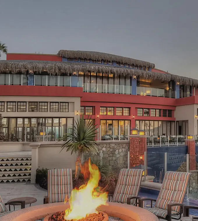 Main pool and restaurant with a fire pit at Hyatt Vacation Club Sirena del Mar, Cabo San Lucas